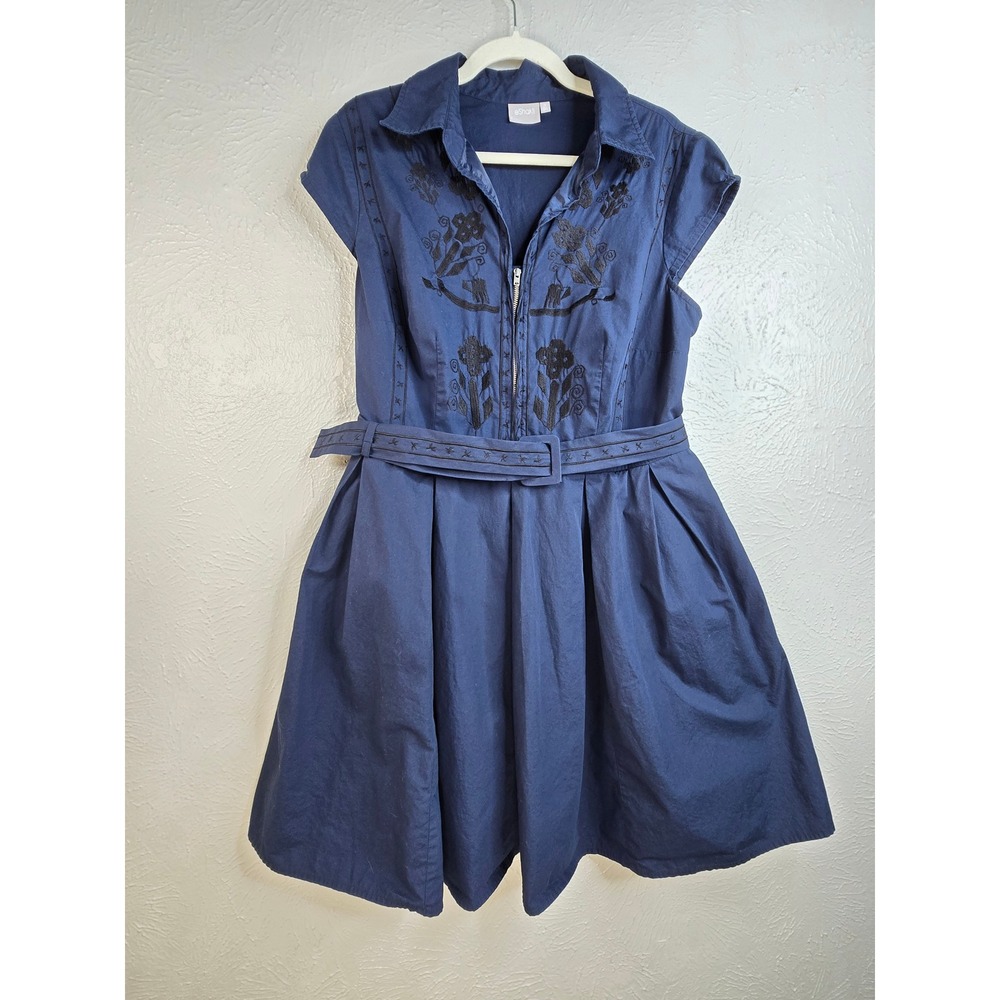 eShakti Floral Embroidered Zip Front Belted Shirt Dress 1X Navy Blue Boho Artsy